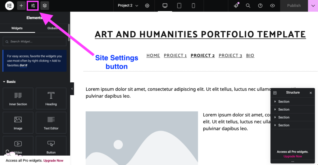 Screenshot of Elementor editor with Site Settings button evidenced through a border and an arrow pointing to it